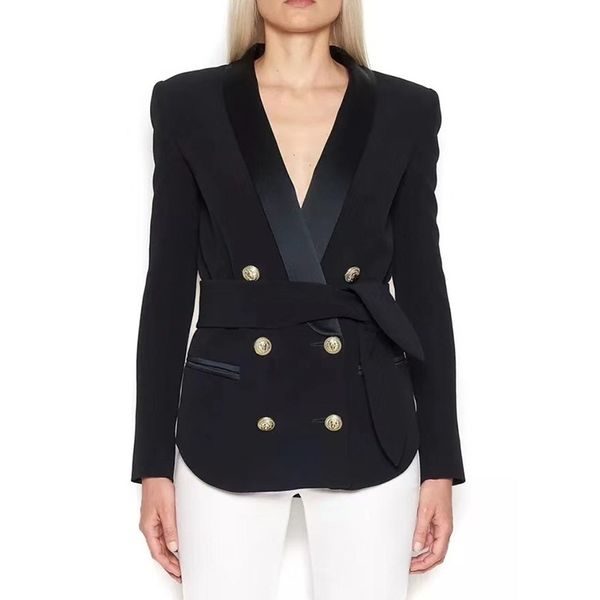 2019 women's explosive metal double breasted green fruit collar belt blazer, White;black
2019 women's explosive metal double breasted green fruit collar belt blazer, White;black