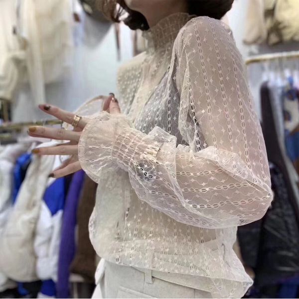 korean-style dotted transparent gauze stand collar bell sleeve base shirt women's lace shirt, White
korean-style dotted transparent gauze stand collar bell sleeve base shirt women's lace shirt, White