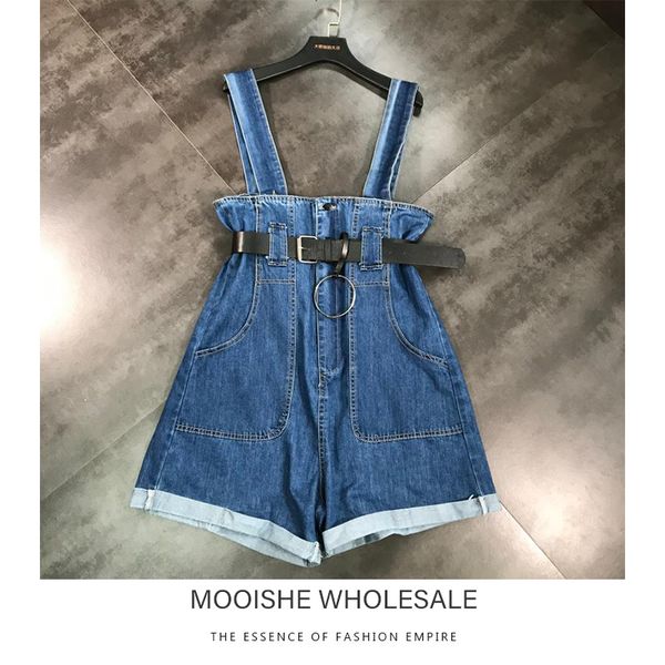2019 summer new star section ring belt double pocket simple wash denim shorts ovaeralls, White;black
2019 summer new star section ring belt double pocket simple wash denim shorts ovaeralls, White;black