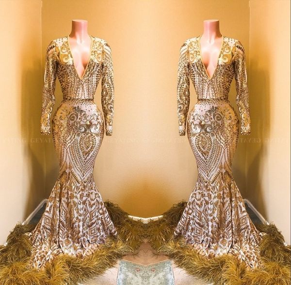 Sparkly Sequined Gold Mermaid Prom Dresses 2019 Long Sleeve Feather V Neck Evening Dress Sexy African Black Girls Party Gowns
Sparkly Sequined Gold Mermaid Prom Dresses 2019 Long Sleeve Feather V Neck Evening Dress Sexy African Black Girls Party Gowns