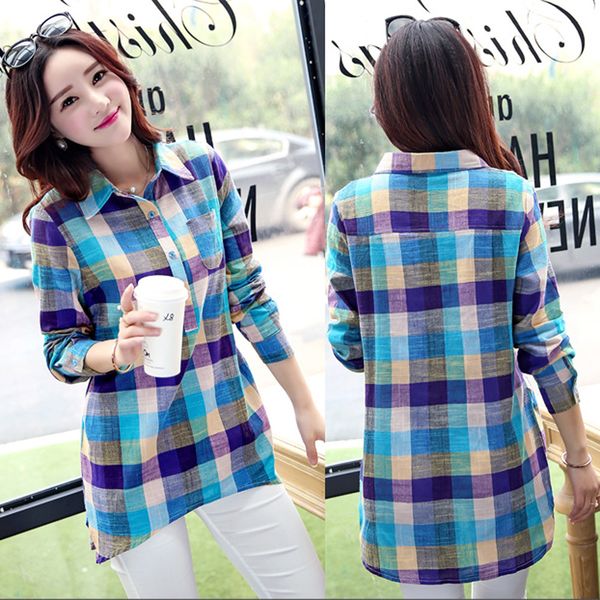 women cotton plaid blouse females matching color fashion shirt girls button plus size loose shirt summer modis roupa feminin, White
women cotton plaid blouse females matching color fashion shirt girls button plus size loose shirt summer modis roupa feminin, White