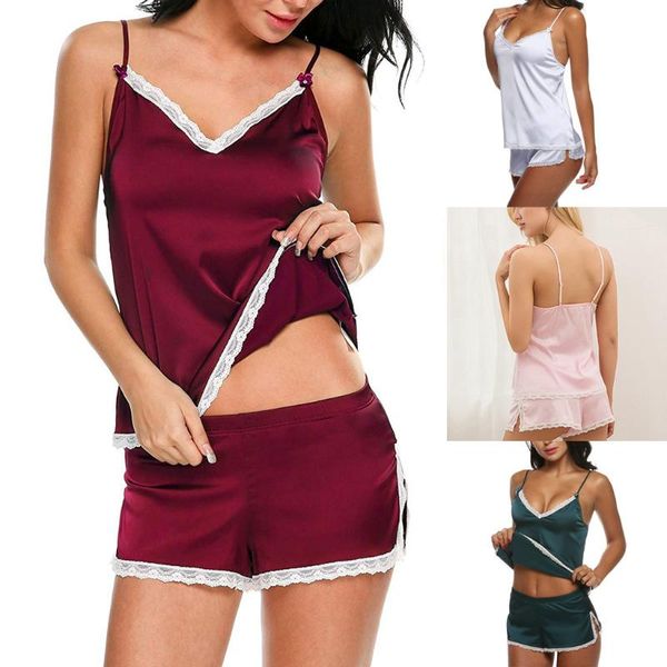 two piece satin pajama set lace and shorts pyjamas spaghetti strap sleepwear high elastic pijama nightie home clothes#w, Black;red
two piece satin pajama set lace and shorts pyjamas spaghetti strap sleepwear high elastic pijama nightie home clothes#w, Black;red