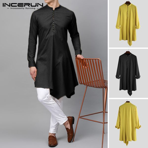 incerun men clothes men long shirt long sleeve solid color vintage kurtas mens irregular shirts stand collar muslim, White;black
incerun men clothes men long shirt long sleeve solid color vintage kurtas mens irregular shirts stand collar muslim, White;black