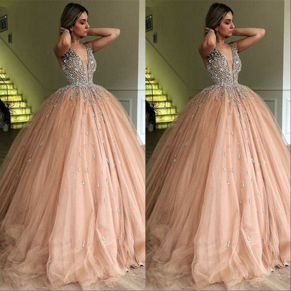 v neck long prom party dresses 2019 glamorous bead evening gowns pink tulle sweep train quinceanera dress, Black
v neck long prom party dresses 2019 glamorous bead evening gowns pink tulle sweep train quinceanera dress, Black