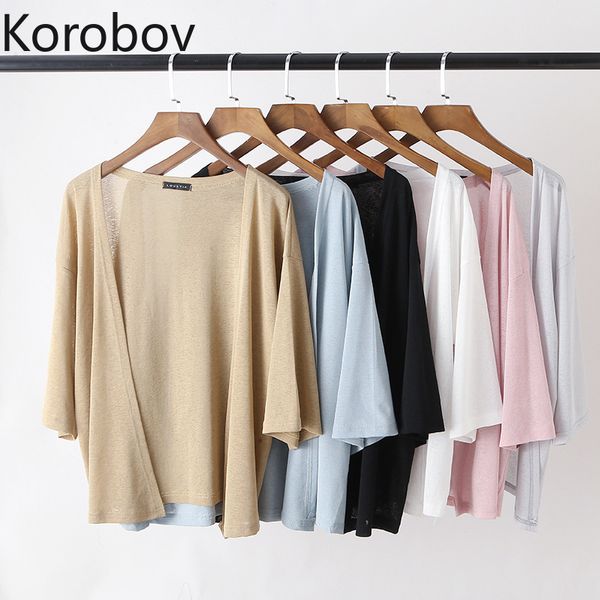 

korobov korean new arrival oversize women cardigans vintage solid three quarter short sueter mujer knitted crop sweaters 78456, White