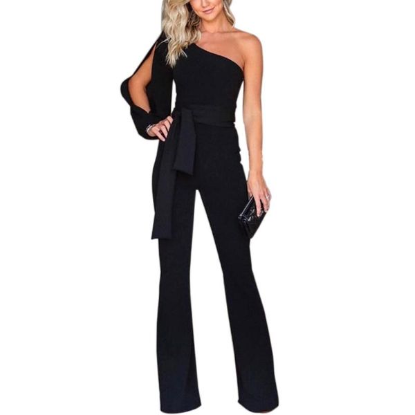 one shoulder sleeves jumpsuit women's jumpsuit self sashes solid color skinny slim long trousers club party overall, Black;white
one shoulder sleeves jumpsuit women's jumpsuit self sashes solid color skinny slim long trousers club party overall, Black;white