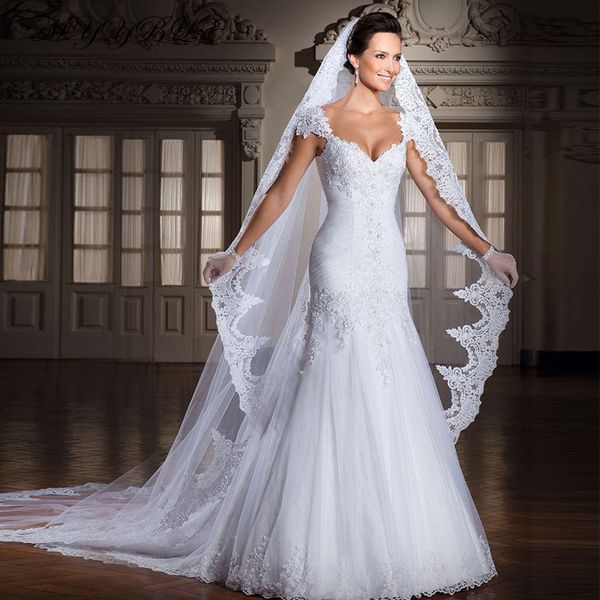 wedding dress designer lace appliques v neckline cap sleeves mermaid elegant bridal vestido de noiva, White
wedding dress designer lace appliques v neckline cap sleeves mermaid elegant bridal vestido de noiva, White