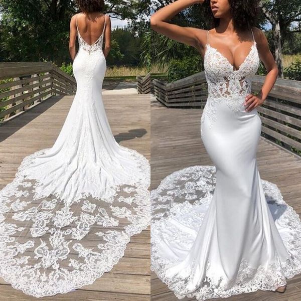 lace spaghetti strap robes de mariée sirène beach court train elastic satin backless sleeveless mermaid wedding dresses, White
lace spaghetti strap robes de mariée sirène beach court train elastic satin backless sleeveless mermaid wedding dresses, White