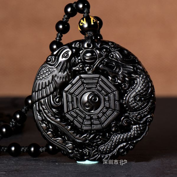 natural black obsidian hand carved chinese dragon phoenix bagua lucky amulet pendant necklace fashion fine jewelry, Silver
natural black obsidian hand carved chinese dragon phoenix bagua lucky amulet pendant necklace fashion fine jewelry, Silver
