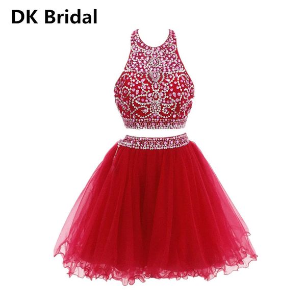red rhinestone beaded crystal 2 pieces prom dress short halter neck backless tulle ball gown graduation dress blue 2019, White;black
red rhinestone beaded crystal 2 pieces prom dress short halter neck backless tulle ball gown graduation dress blue 2019, White;black