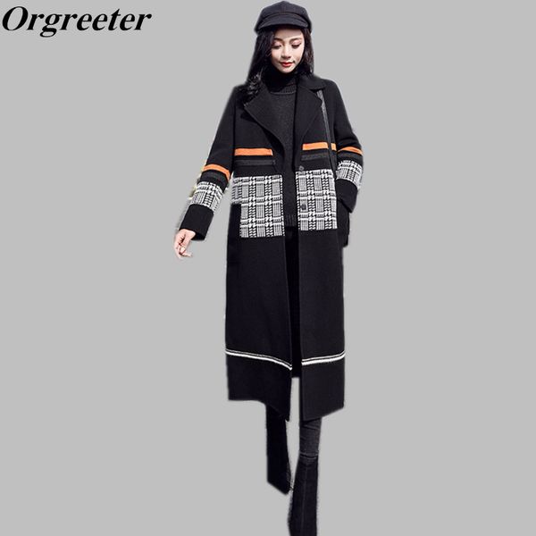 new women's autumn and winter long woolen coat female stitching hit color houndstooth coat, Black
new women's autumn and winter long woolen coat female stitching hit color houndstooth coat, Black