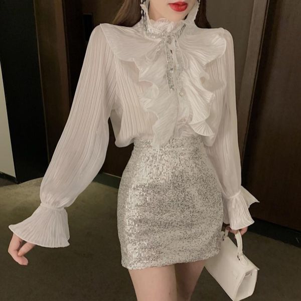 2020 early autumn new french gentle lady temperament design sense minority ruffled sequined long-sleeved shirt women, White
2020 early autumn new french gentle lady temperament design sense minority ruffled sequined long-sleeved shirt women, White