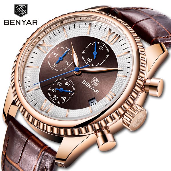 benyar men's watches 2019 new watch men leather chronograph waterproof sports fashion casual gold watch montre homme, Slivery;brown
benyar men's watches 2019 new watch men leather chronograph waterproof sports fashion casual gold watch montre homme, Slivery;brown