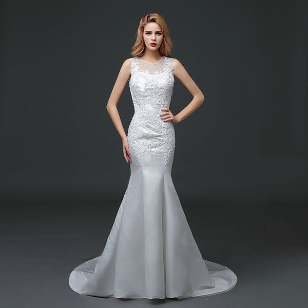 jewel neck satin mermaid wedding gown with lace appliques 2019 sheer back beach wedding dresses white ivory
jewel neck satin mermaid wedding gown with lace appliques 2019 sheer back beach wedding dresses white ivory