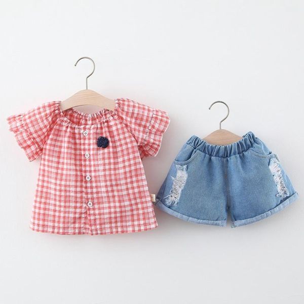 summer girls clothes sets children kids baby infants plaided short sleeve shirt +hole jeans shorts pant 2pcs outfits s10793, White
summer girls clothes sets children kids baby infants plaided short sleeve shirt +hole jeans shorts pant 2pcs outfits s10793, White
