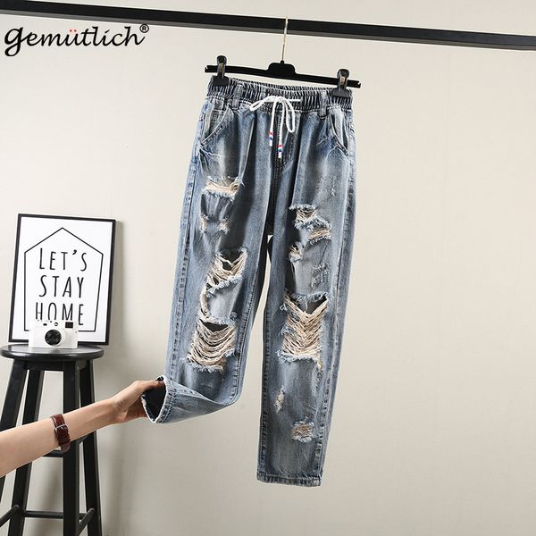 gemutlich women plus size denim ripped hole pants high elastic waist casual harem loose big size trousers spring jeans, Blue
gemutlich women plus size denim ripped hole pants high elastic waist casual harem loose big size trousers spring jeans, Blue