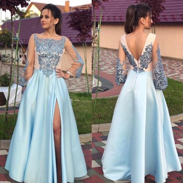 scoop neck light blue long sleeves backless evening dresses side split lace a line prom dress party gowns, Black
scoop neck light blue long sleeves backless evening dresses side split lace a line prom dress party gowns, Black
