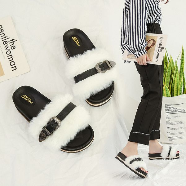 fashion flat with casual fluffy fur slippers women low totem concise ladies slides outside closed toe solid winter shoes, Black
fashion flat with casual fluffy fur slippers women low totem concise ladies slides outside closed toe solid winter shoes, Black