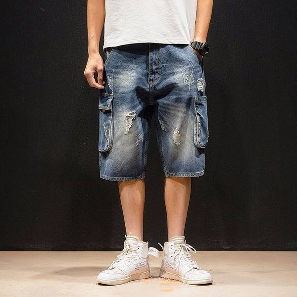 men multi pocket loose casual japan style ripped short jeans male streetwear hip hop cargo harem denim pants cowboy trousers, Blue
men multi pocket loose casual japan style ripped short jeans male streetwear hip hop cargo harem denim pants cowboy trousers, Blue