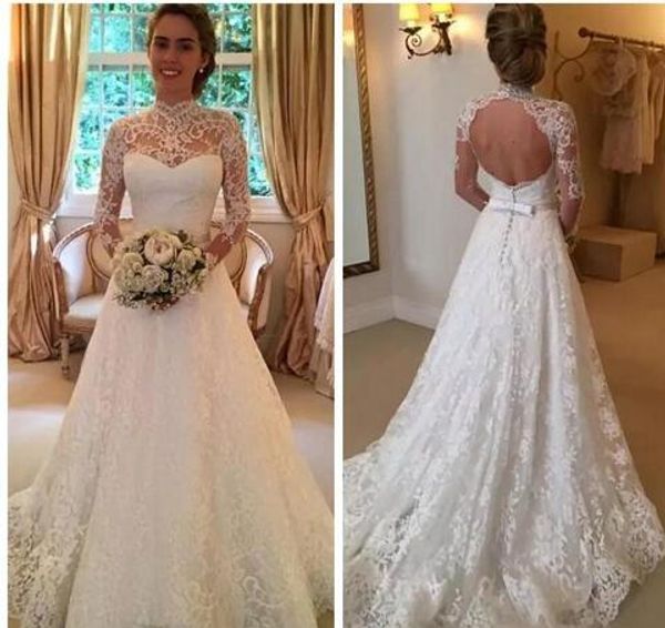 modest high neck long sleeve full lace wedding dresses backless floor length sash ribbon custom made lace bridal gown voiles de mariage, White
modest high neck long sleeve full lace wedding dresses backless floor length sash ribbon custom made lace bridal gown voiles de mariage, White