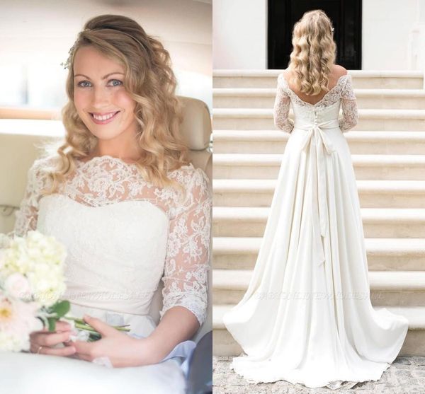 2019 vintage sheer lace wedding dresses with half sleeve appliques boho sash floor length satin country garden bridal gown, White
2019 vintage sheer lace wedding dresses with half sleeve appliques boho sash floor length satin country garden bridal gown, White