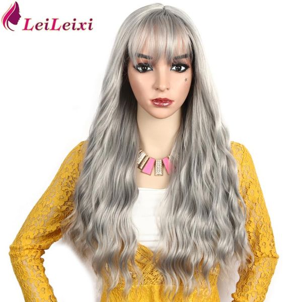 

26inch long wavy grey wigs with air bangs synthetic wigs for women heat resistant fiber party cosplay body wavy wig, Black