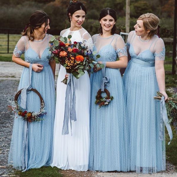 2019 Newest Sky Blue Bridesmaid Dresses Sheer Jewel Neck Illusion Bodice Floor Length Appliques Garden Country Beach Wedding Guest Gowns
2019 Newest Sky Blue Bridesmaid Dresses Sheer Jewel Neck Illusion Bodice Floor Length Appliques Garden Country Beach Wedding Guest Gowns