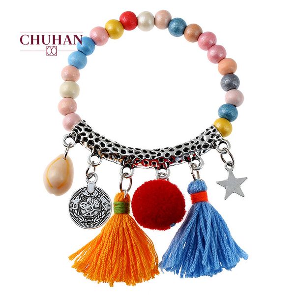 chuhan vintage inlaid crystal colorful beaded bracelet shaped tassel pendant silver chain bracelet for woman j66, Black 
chuhan vintage inlaid crystal colorful beaded bracelet shaped tassel pendant silver chain bracelet for woman j66, Black