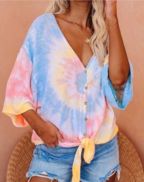 houthion women's blouse new fashion summer temperament tie-dyed breasted knotted v-neck 3/4 sleeve shirt blouse, White
houthion women's blouse new fashion summer temperament tie-dyed breasted knotted v-neck 3/4 sleeve shirt blouse, White