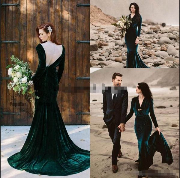 vintage emerald green velvet mermaid evening dresses with long sleeve 2020 backless v-neck sweep train bohemain beach bridal prom gown, Black
vintage emerald green velvet mermaid evening dresses with long sleeve 2020 backless v-neck sweep train bohemain beach bridal prom gown, Black