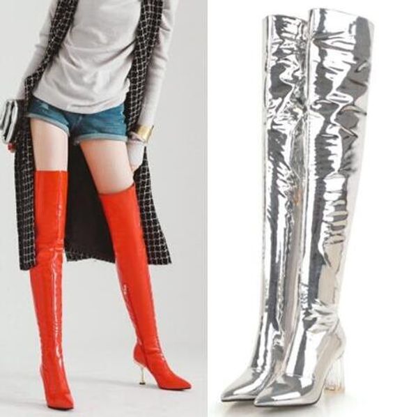woman mirror patent leather transparent heels thigh high boots pointed toe over the knee boots black red sliver white color
woman mirror patent leather transparent heels thigh high boots pointed toe over the knee boots black red sliver white color