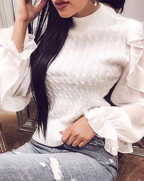 women patchwork mesh ruffles sleeve casual sweater long sleeve casual sweater, White;black
women patchwork mesh ruffles sleeve casual sweater long sleeve casual sweater, White;black
