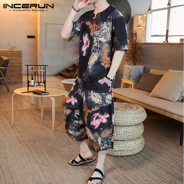 summer men chic print half sleeve t-shirt+calf-length pants casual set retro fashion street comfort baggy mens suits incerun 7, Gray
summer men chic print half sleeve t-shirt+calf-length pants casual set retro fashion street comfort baggy mens suits incerun 7, Gray