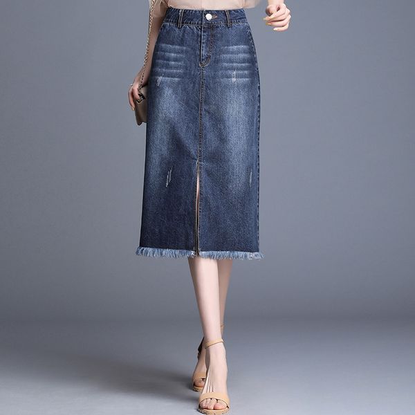 

casual ripped midi jean skirt women fringed hem side split skirts high waist denim skirts women bottoms 2019 new, Black