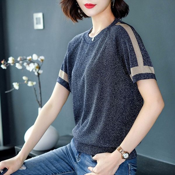 2019 women's knitwear ice linen bright silk short sleeve round collar pullover t-shirt color matching women's t-shirt pullover fas, White
2019 women's knitwear ice linen bright silk short sleeve round collar pullover t-shirt color matching women's t-shirt pullover fas, White