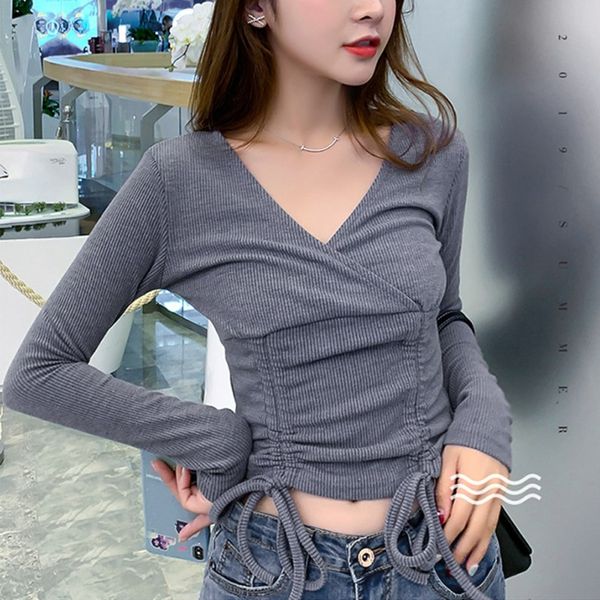 корейский стиль v-образный вырез плиссированной футболка solid color sexy drawstring длинные рукава узелок топы осень короткой футболочка, White
корейский стиль v-образный вырез плиссированной футболка solid color sexy drawstring длинные рукава узелок топы осень короткой футболочка, White