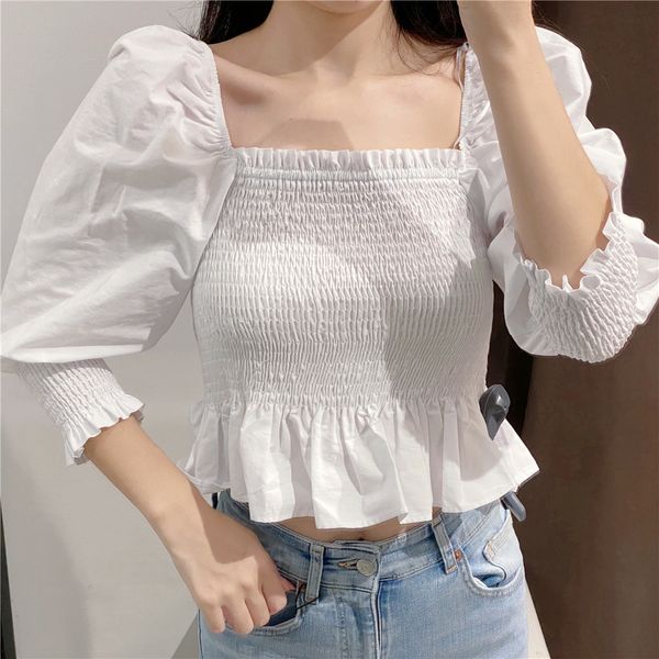 2020 autumn women's new design sense niche french blouse puff sleeve square neck ruffle pleated short shirt, White
2020 autumn women's new design sense niche french blouse puff sleeve square neck ruffle pleated short shirt, White