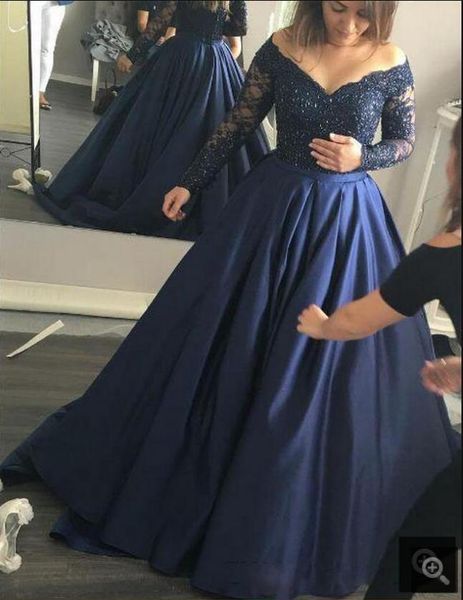 2019 new arrival dark navy blue ball gown long sleeve prom dress lace beading v neck off the shoulder corset prom dresses on sale, Black
2019 new arrival dark navy blue ball gown long sleeve prom dress lace beading v neck off the shoulder corset prom dresses on sale, Black