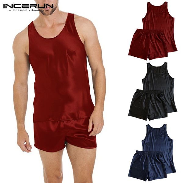 incerun summer men silk satin pajamas set sleeveless shorts homewear soft leisure nightgown men sleepwear set pyjamas 2019, Black;brown
incerun summer men silk satin pajamas set sleeveless shorts homewear soft leisure nightgown men sleepwear set pyjamas 2019, Black;brown