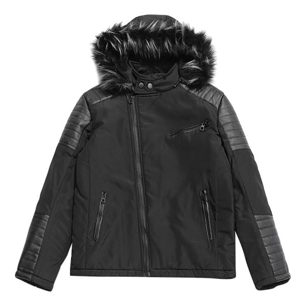 faux fur hoodie zipper patchwork parka coat, Black