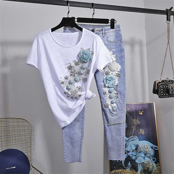 summer denim set women 2020 new fashion beading flowers white t-shirt + elastic force nine points jeans two piece set women h171
summer denim set women 2020 new fashion beading flowers white t-shirt + elastic force nine points jeans two piece set women h171