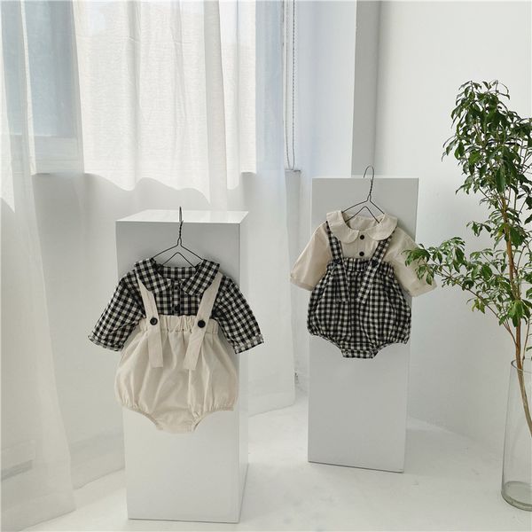 spring 2020 new boy and girl plaid clothes 2 piece suit long sleeve shirt cute pants suit, White 
spring 2020 new boy and girl plaid clothes 2 piece suit long sleeve shirt cute pants suit, White