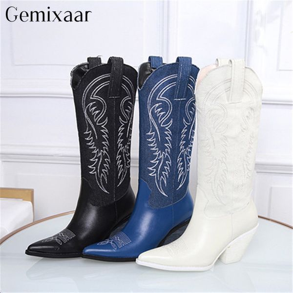 new embroidery leather high woman boots elegant retro point toe chucky heel knight long botas autumn winter shopping shoes, Black
new embroidery leather high woman boots elegant retro point toe chucky heel knight long botas autumn winter shopping shoes, Black