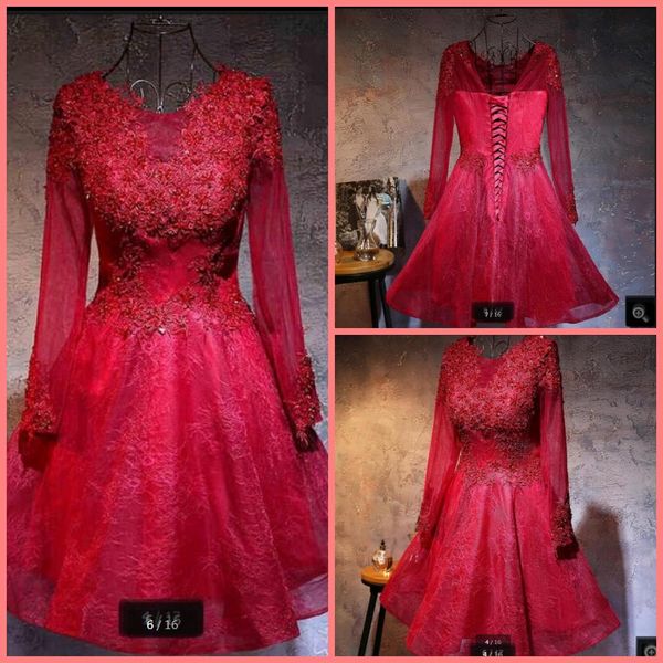 2019 new arrival wine lace a line long sleeve prom dress short knee length beaded appliques informal petite prom gowns selling, Black
2019 new arrival wine lace a line long sleeve prom dress short knee length beaded appliques informal petite prom gowns selling, Black