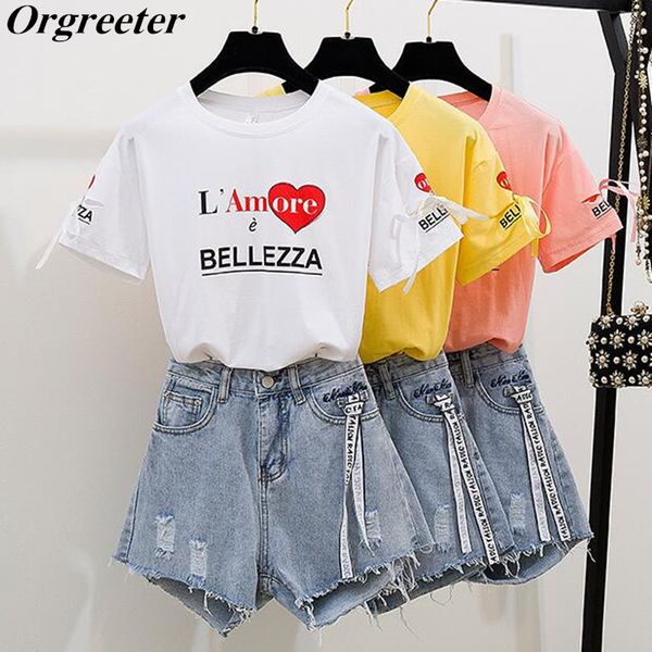 casual student girls tshirt with denim shorts two piece set women letter print loose tshirt + tassel hole jeans short pants suit, White
casual student girls tshirt with denim shorts two piece set women letter print loose tshirt + tassel hole jeans short pants suit, White