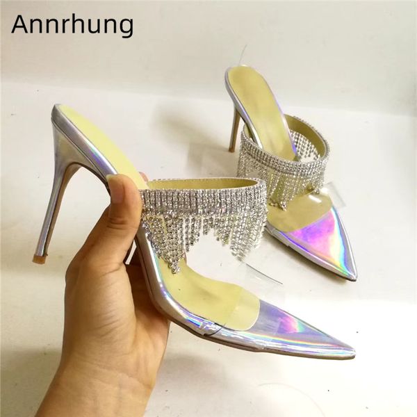 silver patent leather high heel shoes woman 10cm thin heel pointed open toes jeweled tassels transparent pvc slippers women, Black
silver patent leather high heel shoes woman 10cm thin heel pointed open toes jeweled tassels transparent pvc slippers women, Black