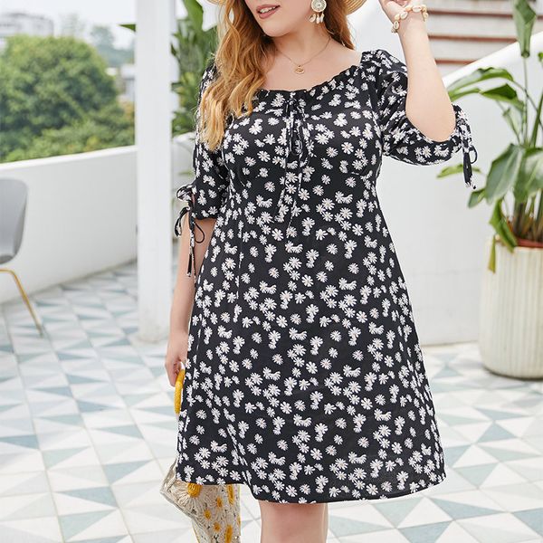 women dress 2020 fashion summer square collar half sleeve floral print casual dress plus size knee length midi dresses, White;black
women dress 2020 fashion summer square collar half sleeve floral print casual dress plus size knee length midi dresses, White;black