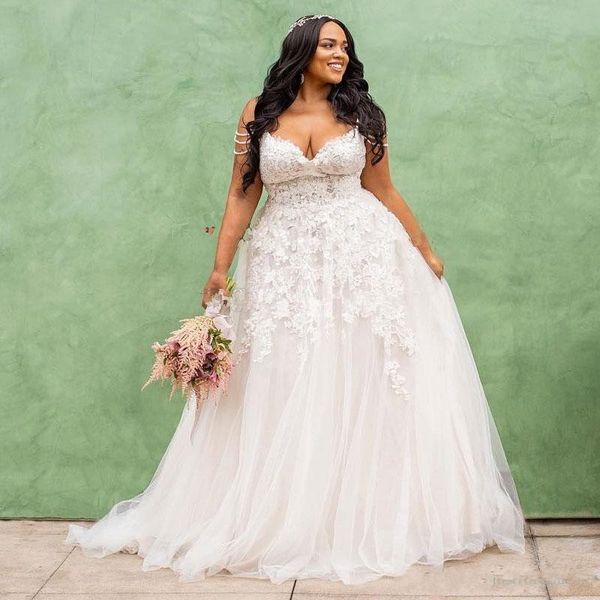 

Plus Size Lace Boho Wedding Dresses Spaghetti Straps A Line Beaded Beach Bridal Gowns Sweep Train Tulle Bohemian Vestidos De Noiva