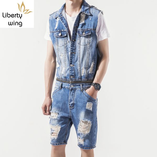 men's jeans summer men denim hole ripped overalls sleeveless short jumpsuit fashion male single breasted shorts one piece romper, Blue
men's jeans summer men denim hole ripped overalls sleeveless short jumpsuit fashion male single breasted shorts one piece romper, Blue