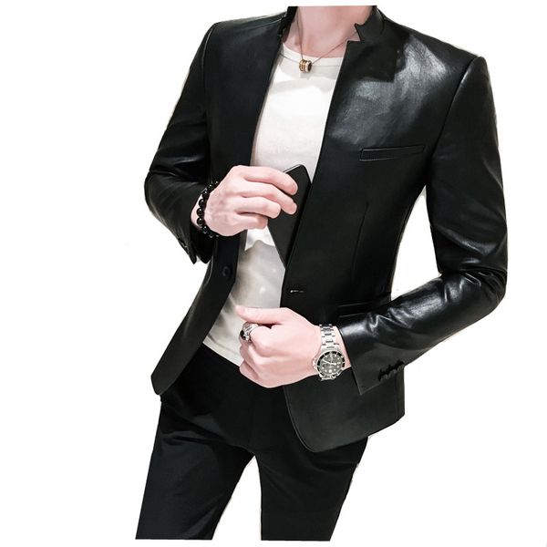 men suits black slim fit blazer hombre pu leather blazers jacket men one button business casual prom korean suit coat, White;black
men suits black slim fit blazer hombre pu leather blazers jacket men one button business casual prom korean suit coat, White;black
